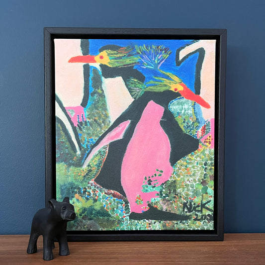 Painting of two brightly coloured penguins rushing in opposite directions. They have pink stomachs. There is a deep blue sky in the background.