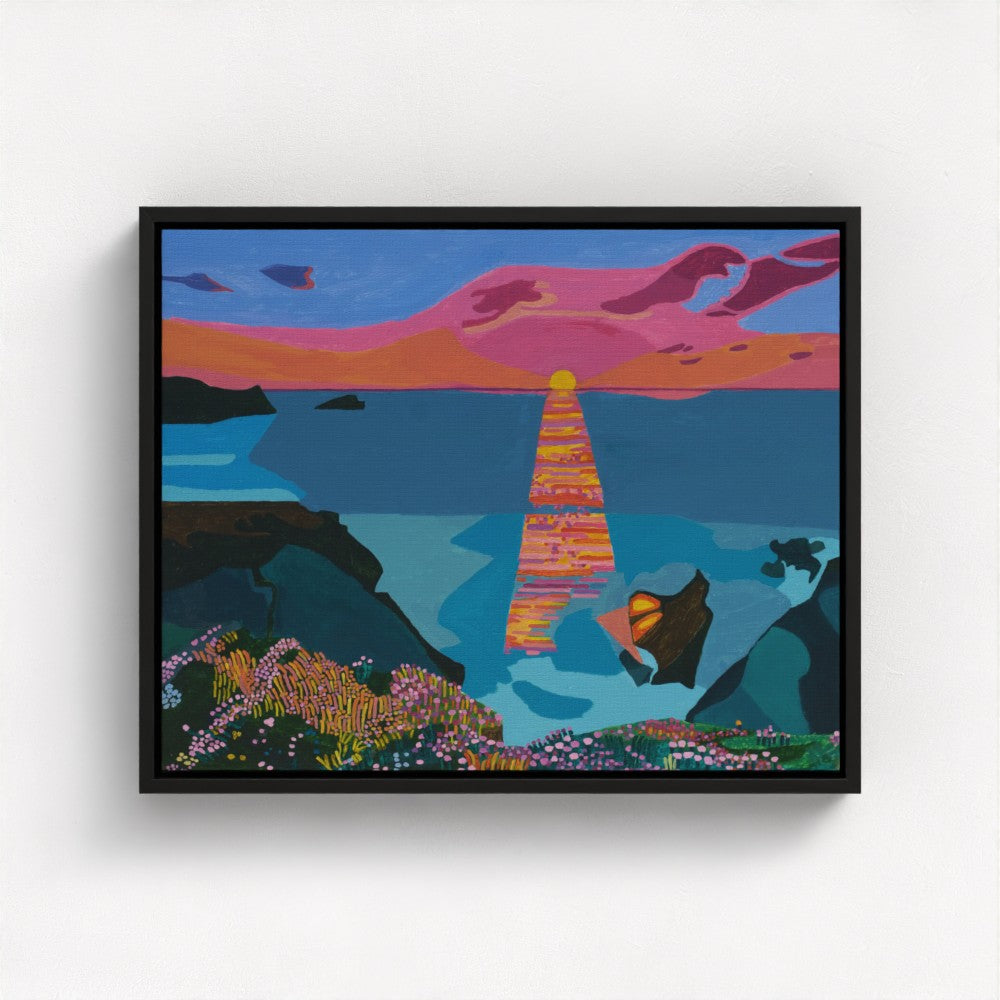 Sunset & Flowers Framed Canvas