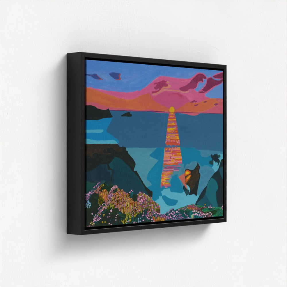 Sunset & Flowers Framed Canvas